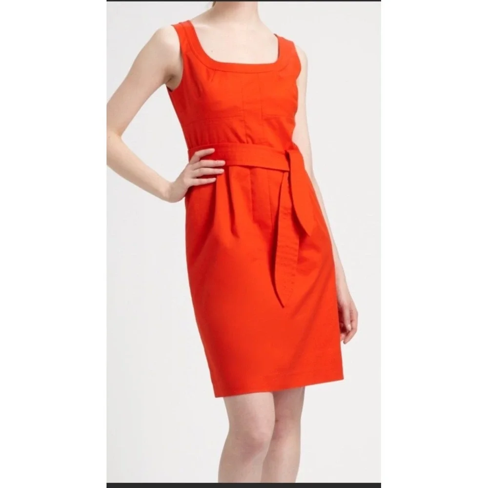 Tory Burch Orange Red Cotton Belted Sheath Dress Square Neck Pockets